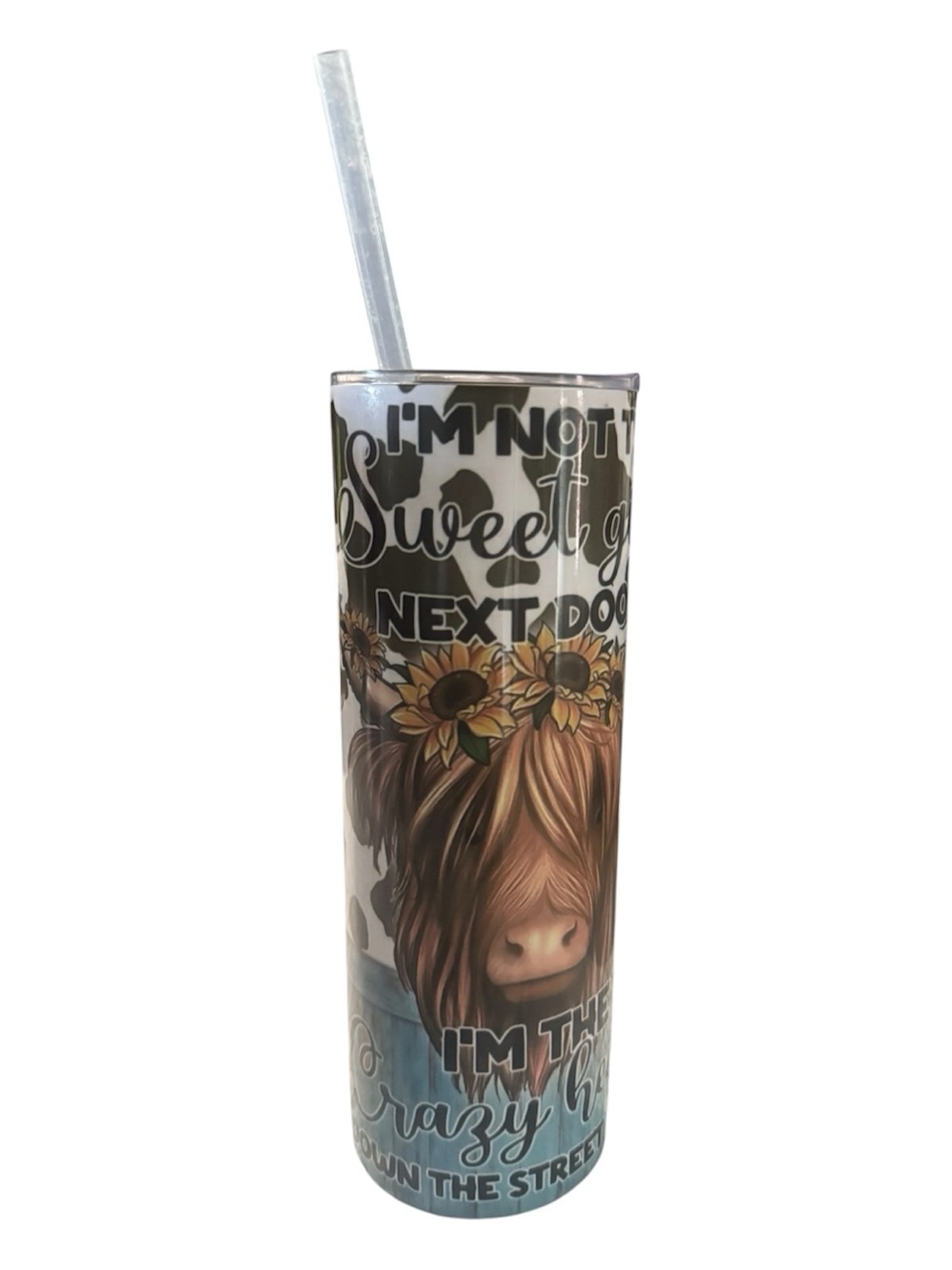 White Sunflower Highland Cow Skinny Tumbler with Straw